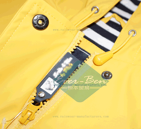China yellow PU rain wear for mens drawing string hood front fly flap